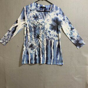 Level Eight Women's 3/4 Sleeve Embellish 100% Polyester Multi Shade Of Blue Sz M